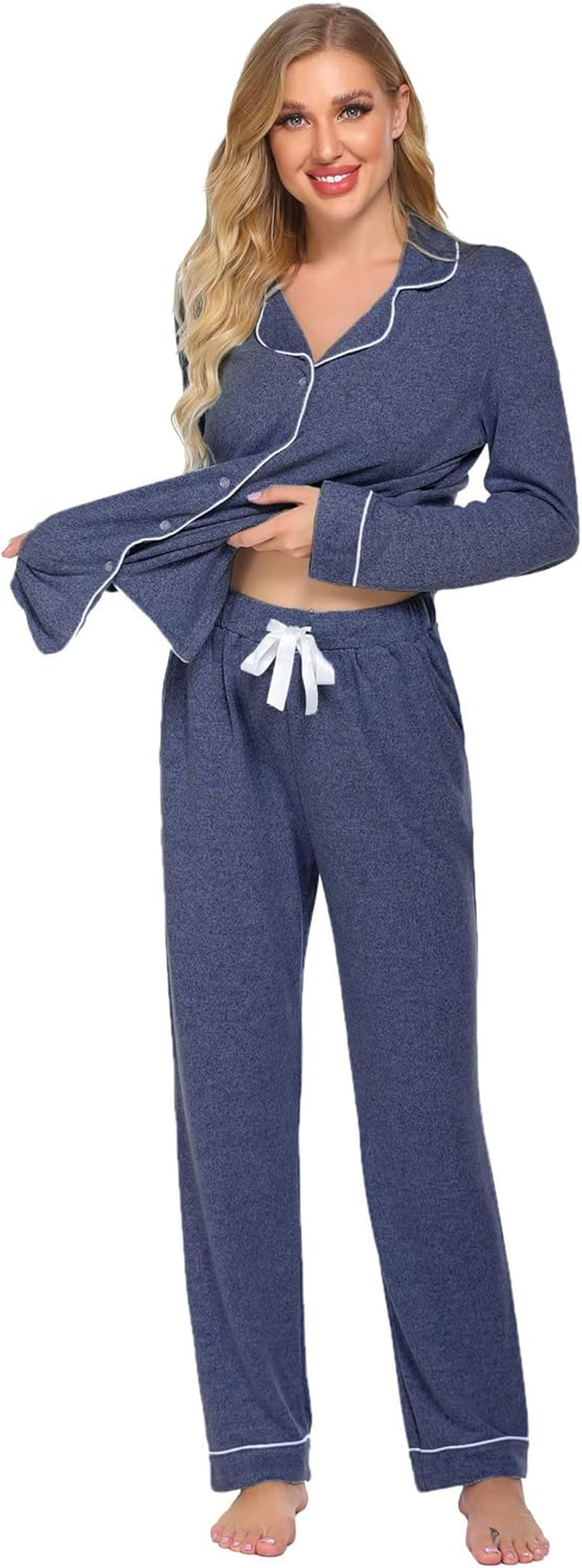 Women'S Pajamas Long Sleeve Loungewear Casual Button down Pjs | Soft Sleepwear,Notch Collar,Elastic Waist Pants with Side Pockets,Adjustable Drawstring,Pajama Party,Maternity,Postpartum