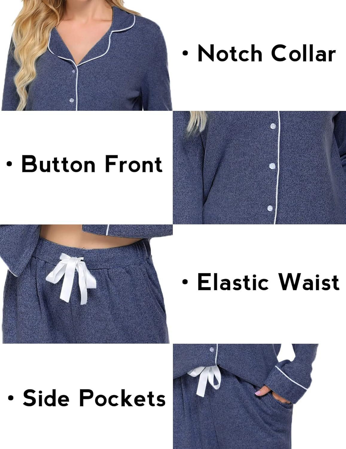 Women'S Pajamas Long Sleeve Loungewear Casual Button down Pjs | Soft Sleepwear,Notch Collar,Elastic Waist Pants with Side Pockets,Adjustable Drawstring,Pajama Party,Maternity,Postpartum