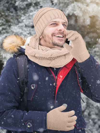 Winter Warm Knitted Scarf Beanie Hat and Gloves Set Men & Women'S Soft Stretch Hat Scarf and Mitten Set