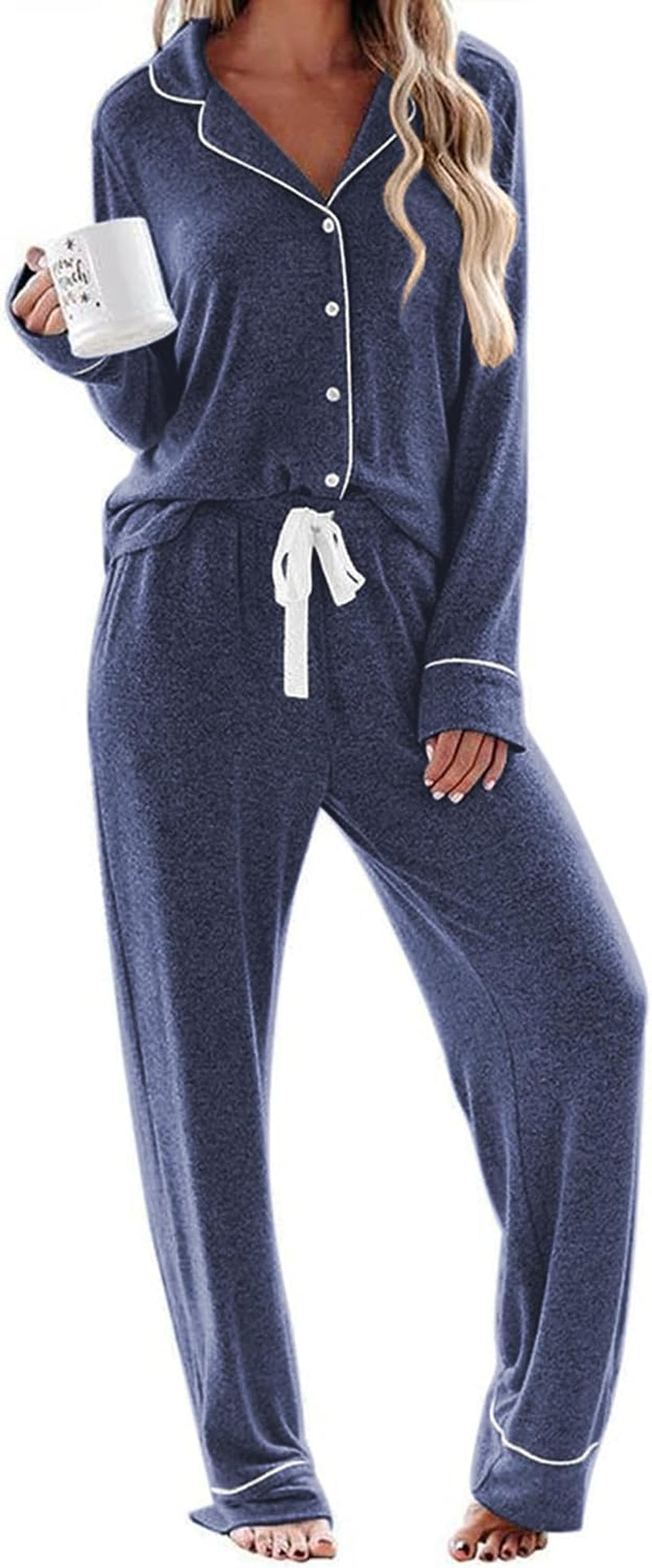 Women'S Pajamas Long Sleeve Loungewear Casual Button down Pjs | Soft Sleepwear,Notch Collar,Elastic Waist Pants with Side Pockets,Adjustable Drawstring,Pajama Party,Maternity,Postpartum