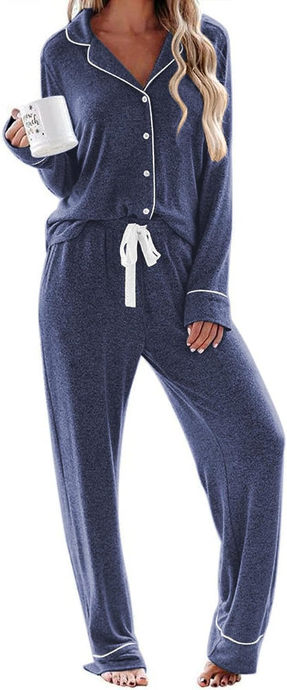 Women'S Pajamas Long Sleeve Loungewear Casual Button down Pjs | Soft Sleepwear,Notch Collar,Elastic Waist Pants with Side Pockets,Adjustable Drawstring,Pajama Party,Maternity,Postpartum